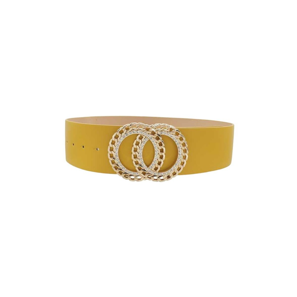 Double Circle Chain And Rhinestone Trim Design Belt-MUSTARD